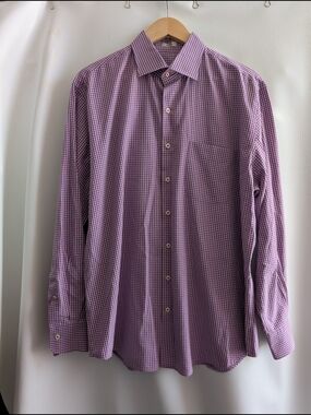 Peter Millar Weekender Wash Purple Check Cotton Dress Shirt - L